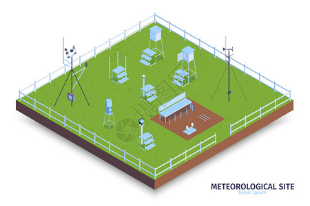 气象设备等距气象中心成,以围栏绿地天气观测设备与楼梯矢量插图插画
