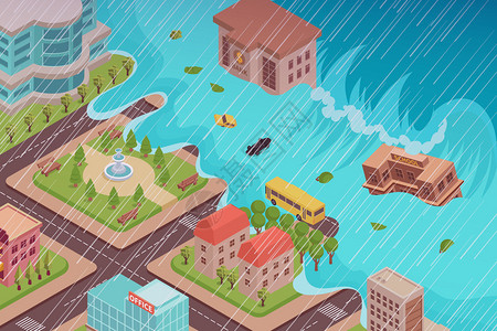 天气气候景观观赏地洪水灾害等距成,以城市被潮汐吞没与雨矢图插画