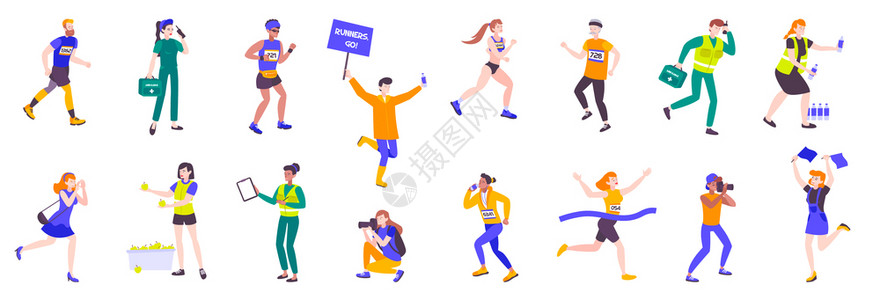 正删除人类马拉松跑步运动集孤立涂鸦风格的人类人物与运动员医生球迷支持者矢量插图插画