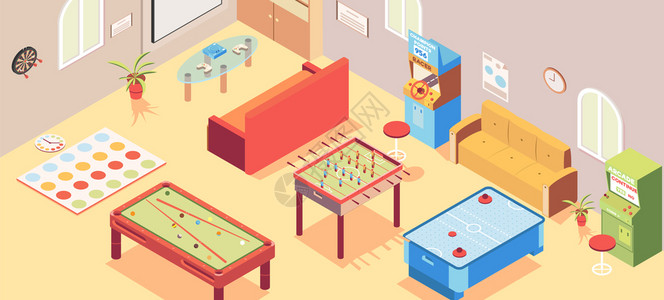 房间wifi娱乐活动室等距背景与台球缠绕乒乓球矢量插图插画