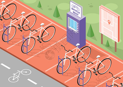 锁自行车自行车租金等距背景与自行车停车矢量插图插画