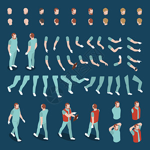 大集等距头,手臂,腿体,用于男字符构造函数,三维孤立矢量插图图片
