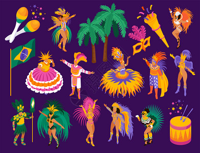 巴西狂欢节等距与节日趣的符号矢量插图背景图片