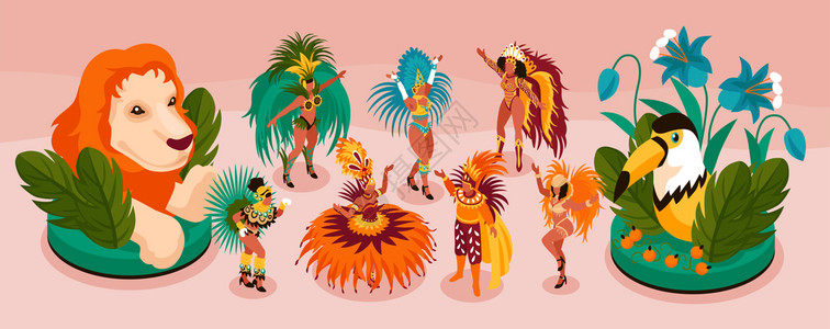 巴西狂欢节等距窄集与旅游趣的符号矢量插图背景图片