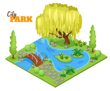 城市公园与湖泊植物树木等距矢量插图图片
