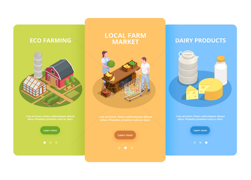 农贸市场3等距垂直背景网页横幅与当地生态乳制品蔬菜矢量插图图片