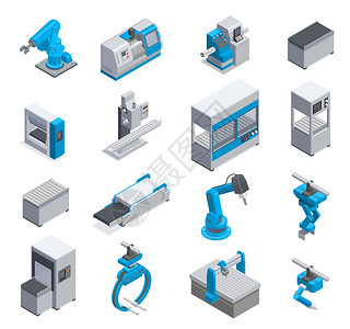 工业机器制造商设备元素等距图标与输送机机器人手臂控制板隔离矢量插图背景图片