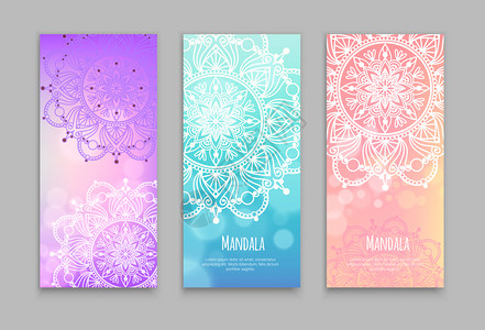 安娜曼德拉三个曼德拉垂直横幅与彩色梯度背景单色装饰图案与文本矢量插图插画