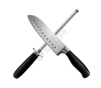 刀砍保护伞屠夫刀锐化厨师锈钢与黑色手柄交叉现实图像矢量插图插画