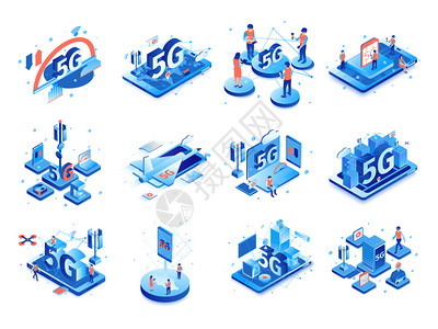 5g智能手机等距5g互联网集与独立成的图标,象形图电子设备的图像与人矢量插图插画