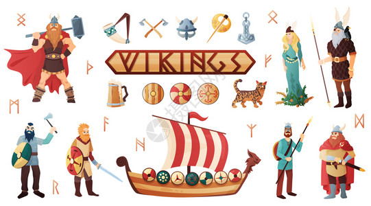 斯堪的纳维亚维京人文化盔甲,舰人用具,驯养猫字体,平图标,矢量插图图片