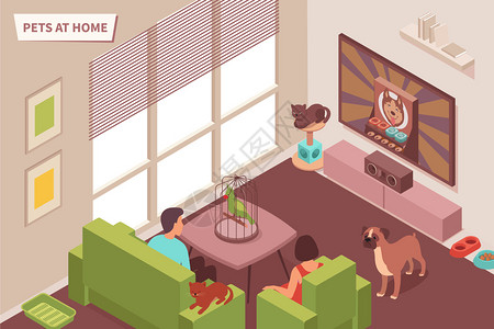 宠物家庭等距构图与家庭房间内部人类字符与动物可编辑的文本矢量插图图片