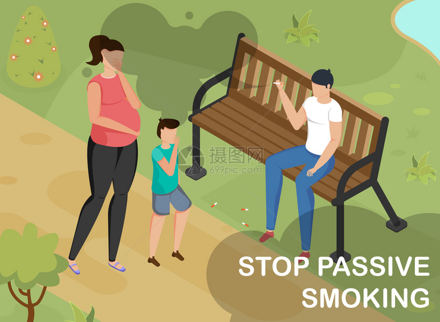 等距背景,男公园的长凳上吸烟,孕妇儿童三维矢量插图图片