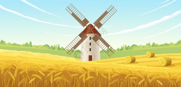 农场夏季景观磨坊成与历史建筑的粉厂以外的麦田风景矢量插图图片