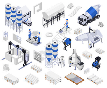 套混凝土水泥生产等距图标与车辆,人工业机器空白背景矢量插图图片