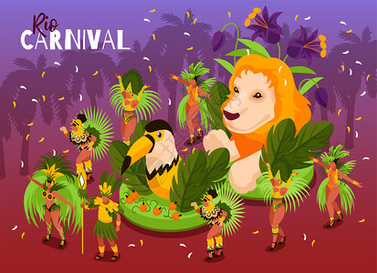 里约桑托斯巴西狂欢节庆祝等距构图与难以置信的舞者服装,巨大的狮子巨嘴鸟漂浮节日背景矢量插图插画