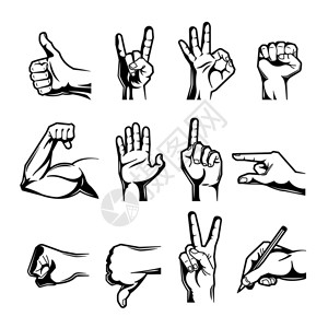 手腕手势黑色雕刻图标与拇指向上向下拳头中指其他手势矢量插图图片