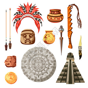 古代物品彩色卡通玛雅文明文化图标同的属元素矢量插图插画