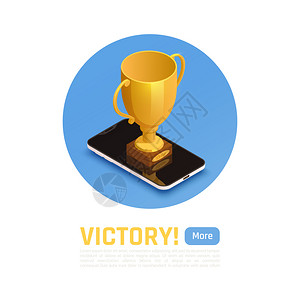 胜利者等距构图与胜利标题更多按钮大金奖杯矢量插图图片