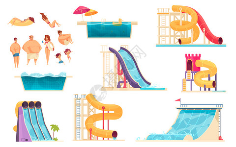 水上公园家庭假日快乐放松景点彩色漫画滑梯浴孤立矢量插图水上公园漫画集图片