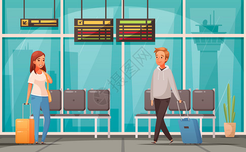 机场贵宾休息室卡通背景与两名乘客的手提箱机场等候大厅矢量插图插画
