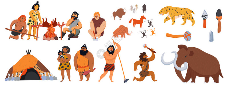 史前人类大型卡通图标与穴居人动物孤立矢量插图插画
