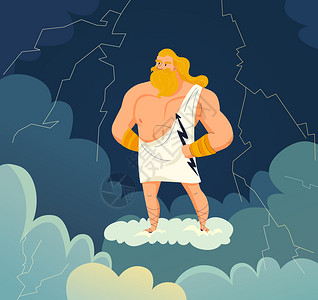 希腊天空之神雷电宙斯手持闪电卡通矢量插图背景图片