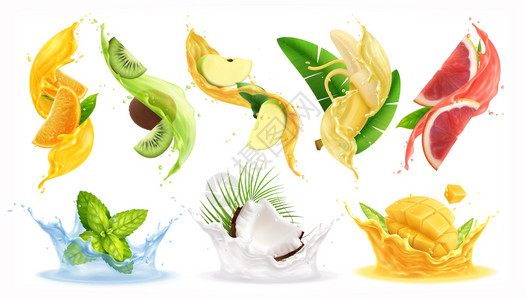 飞溅食物水果蔬菜果汁分离的水果叶五颜六色的液体矢量插图插画