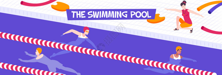 运动池水平背景,查看泳道银行板与人文本矢量插图图片