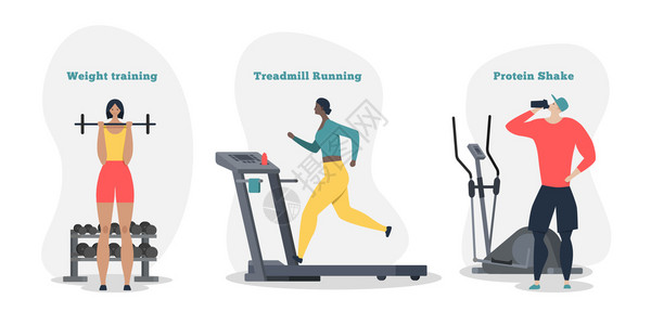 女健身房运动的人成与人类的人物工作与重量训练跑步机运行蛋白质动矢量插图插画