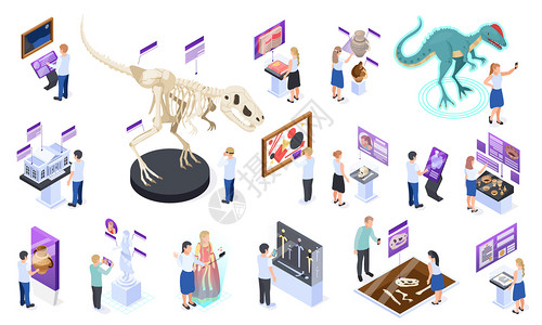 现代博物馆展出交互式数字内容等距图标与龙骨架虚拟现实图像矢量插图背景图片