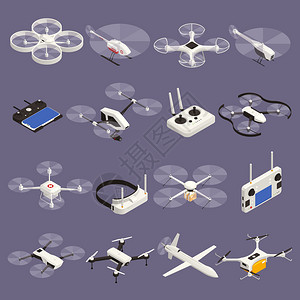 电子遥控器与孤立无人机等距图标图像的遥控器各种模型的四翼飞机矢量插图无人机等距装置插画