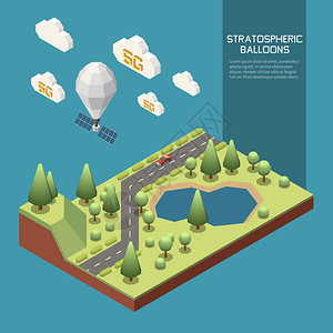 平流层气球飞行分享现代5g互联网三维等距矢量插图图片