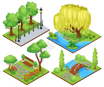 自然公园保护景观游憩区4等距构图与垂柳花坛矢量插图图片