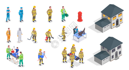 应急消防应急服务等距图标与房子消防医生字符帮助受伤的人三维孤立矢量插图插画