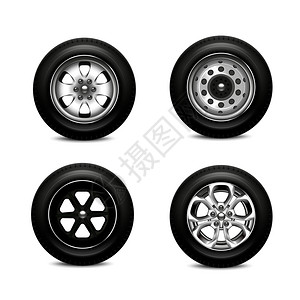 四个汽车车轮现实图像与金属合金车轮橡胶轮胎胎矢量插图插画