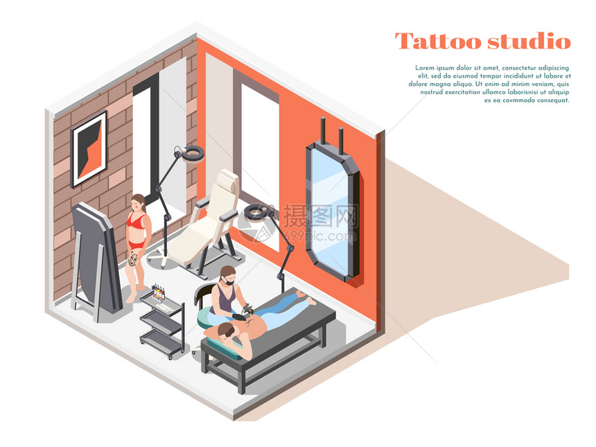 纹身工作室内部等距构图与镜子地板灯艺术家应用的客户背部矢量插图图片