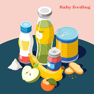 苹果粥婴儿喂养产品婴儿儿童等距广告成与奶粉果汁瓶矢量插图插画