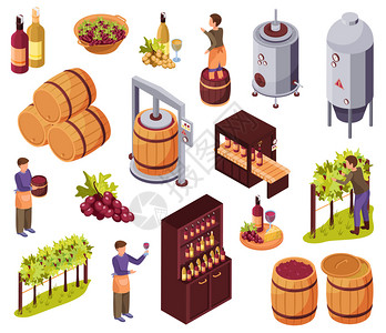 葡萄酒收获葡萄酒生产图标收获餐厅符号等距孤立矢量插图插画