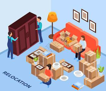 家具物流搬迁服务背景与家具运输符号等距矢量插图插画