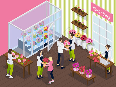 花店等距背景与工作人员与同的花客户购买花矢量插图背景图片