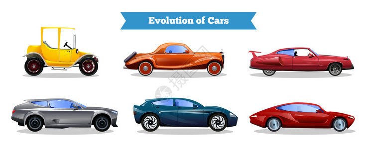 以彩色复古现代汽车为背景的汽车白色背景平矢量插图上的进化图片