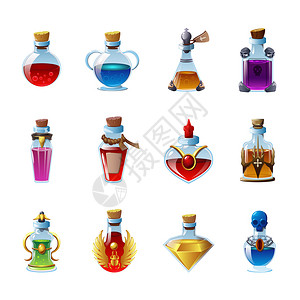 炼金术士现实的图标与同颜色的魔法药水同的璃瓶隔离白色背景矢量插图插画