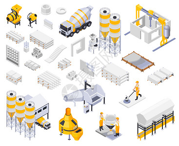 混凝土水泥生产等距图标收集与图像,工业设施的特点,工人矢量插图图片