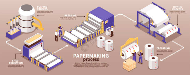 工厂工艺纸张制造工艺等距信息图窄横幅制浆干燥片包装矢量插图插画