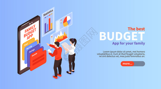 节约费用家庭预算收入分配计划应用程序信息等距水平登陆页横幅与智能手机屏幕矢量插图插画