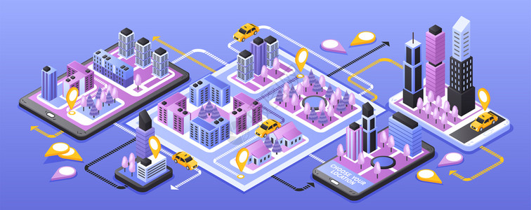 城市出租车线服务窄等距横幅与智能手机导航应用模式蓝紫色背景矢量插图图片