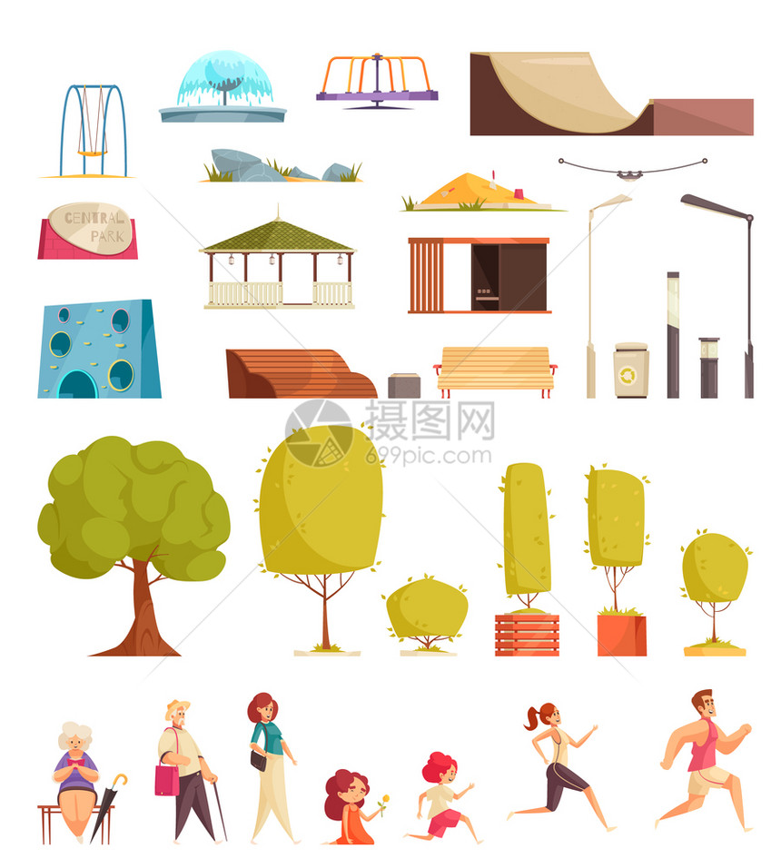 城市公园平灯笼,树木,长凳,滑板元素,秋千,跑步者,散步,编人矢量插图图片