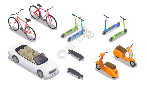 个人运输等距图标与汽车滑板车自行车滑板隔离白色背景三维矢量插图图片