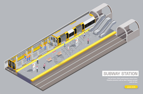 地铁站入口地铁站车厢内部自动扶梯座椅,乘客坐凳,三维等距矢量图插画